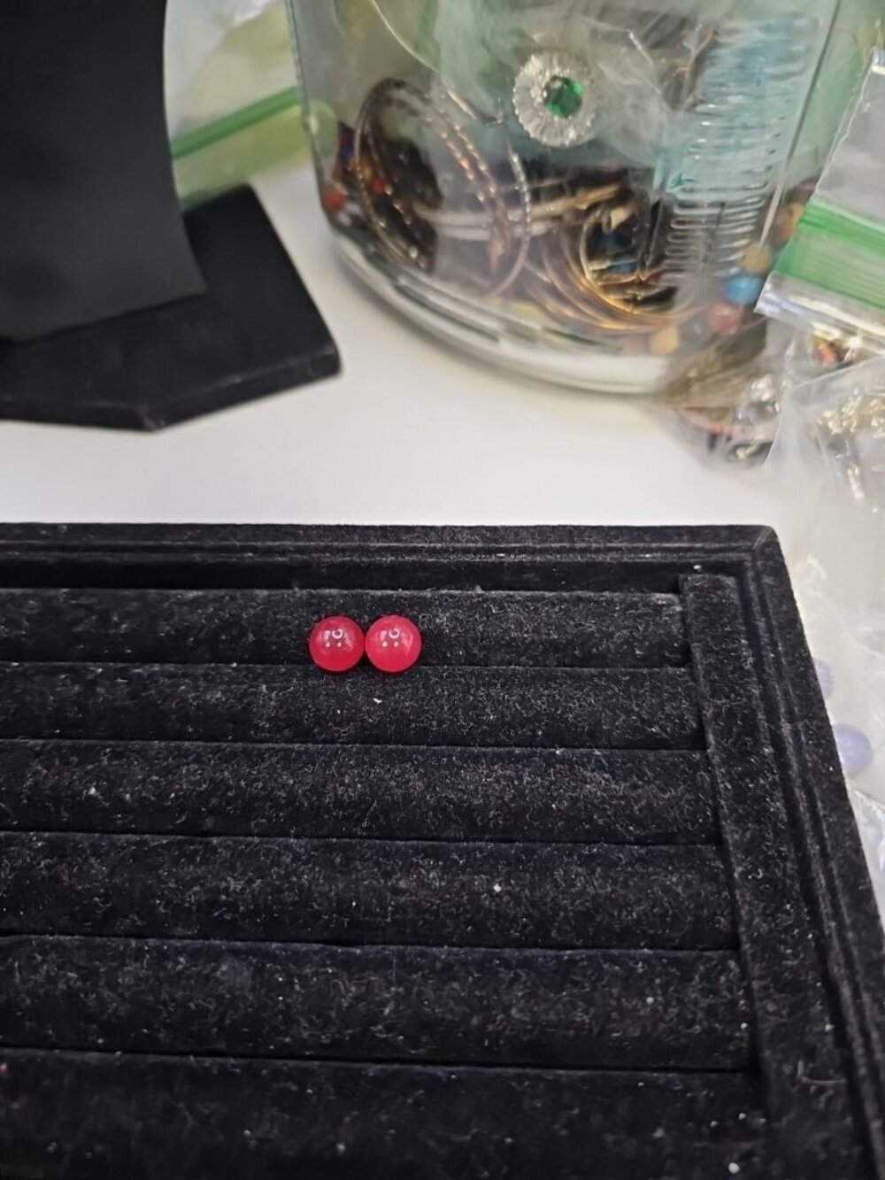 Earrings Pierced Studs Red Ball Jade